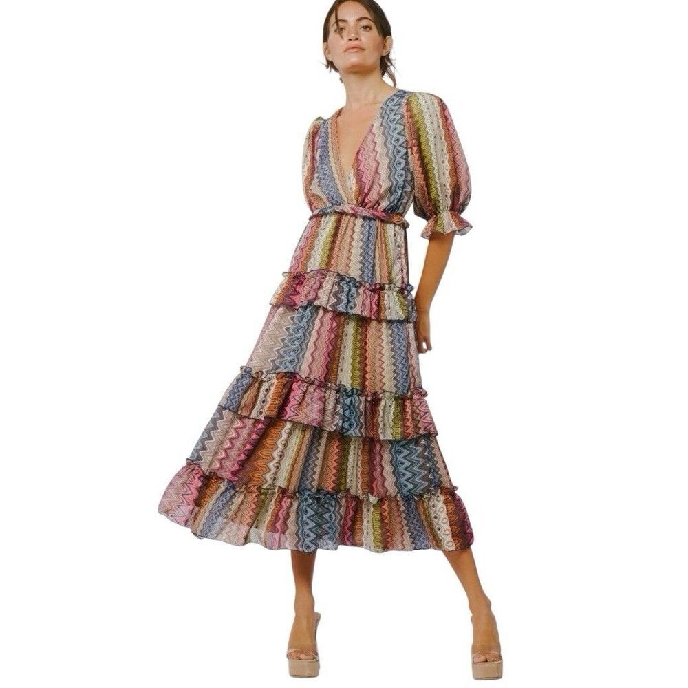 Ciebon Madelyn Puff Sleeve Tiered Maxi Dress M Pockets Boho Cottage Western